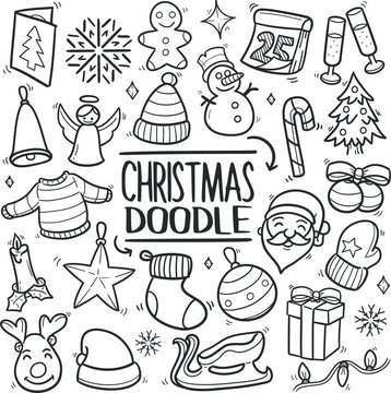 Happy Christmas Traditional Doodle Icons Sketch Hand Made Design Vector