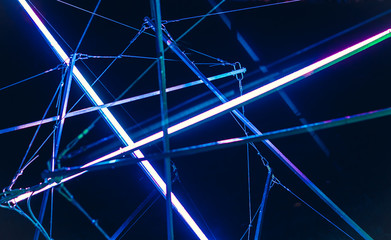 laser show, night club interior lights, glowing lines, abstract blue fluorescent background