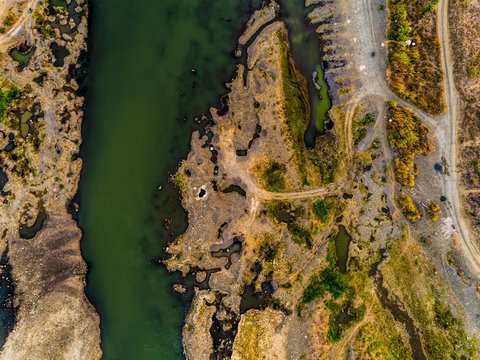 Top View Aerial Photo Of Green River Pattern With Sediment Bar