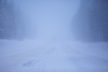 snow and fog on the winter road landscape / view of the seasonal weather a dangerous road, a winter lonely landscape