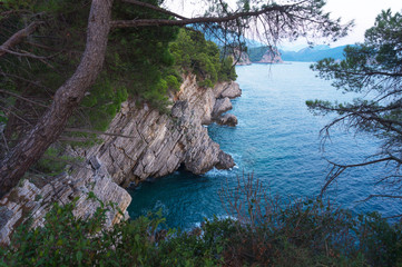 Rocky cliff and pines over turquoise sea