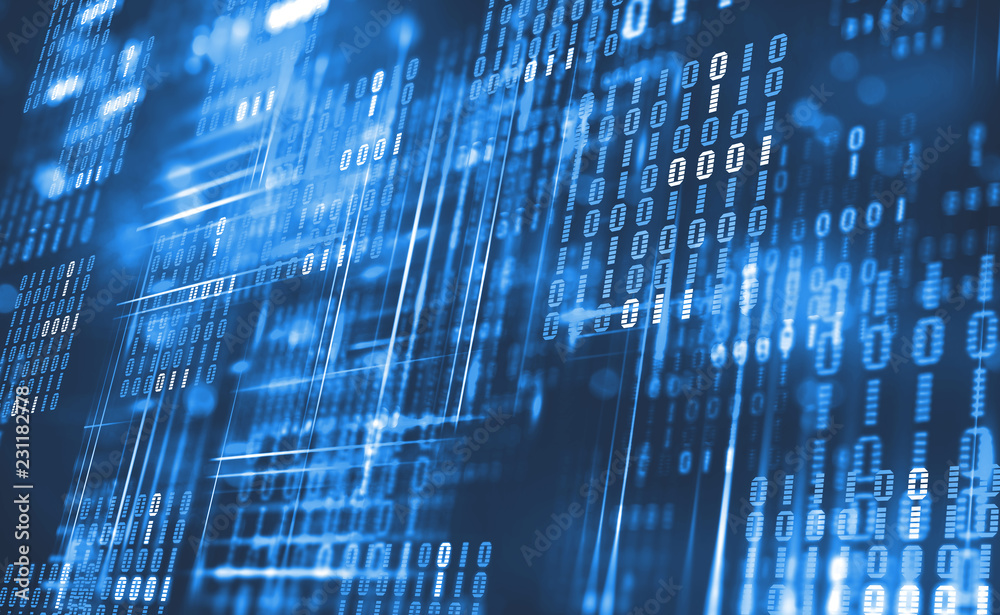 Poster Abstract binary code. Cloud data. Blockchain technology. Digital cyberspace. Big Data concept 3D illustration