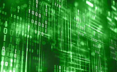 Abstract binary code. Cloud data. Blockchain technology. Digital cyberspace. Big Data concept 3D illustration