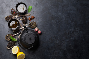 Various tea and teapot. Black, green and red tea