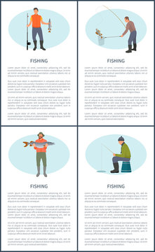 Fisherman with Fishing Rod and Fish Vector Icon