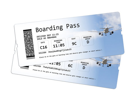 Airline boarding pass tickets isolated on white - The contents of the image are totally invented.