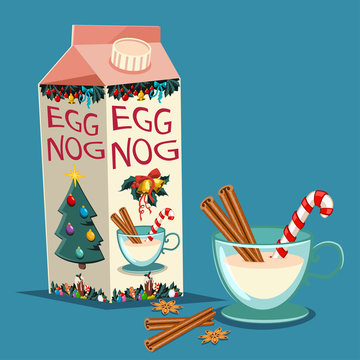 Christmas eggnog in carton package with cinnamon, candy cane and a glass with a drink. Vector set of traditional holiday treats isolated on background.
