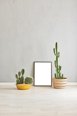 Grey stone wall vase of plant and frame