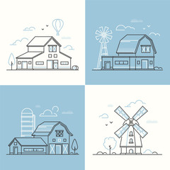 Farm life - set of line design style vector illustrations