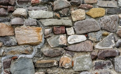 Texture of old stone wall. Clearly visible cobblestones.