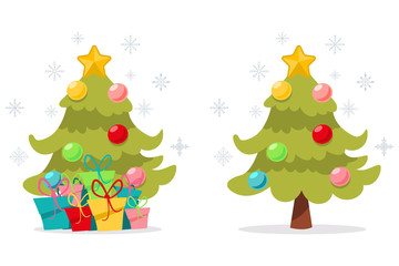 Cartoon Christmas tree with gifts decorated colorful balls, snowflakes and a star on top. Vector illustration isolated on white background.