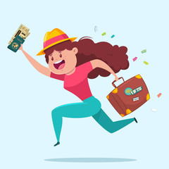 Travel vector illustration with funny girl with a suitcase, passport and boarding tickets. Woman tourist cartoon character.