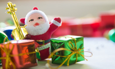 Christmas symbols colorful with red box gift on paper texture and Happy New Year 2019 holiday. Copy space for your text