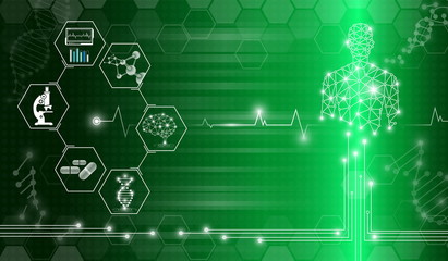 Fototapeta premium abstract background technology concept in green light,human body heal,technology modern medical science in future and global international medical with tests analysis clone DNA human