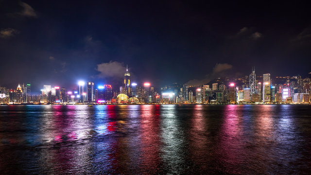 scenic of night cityscape in hong kong habor