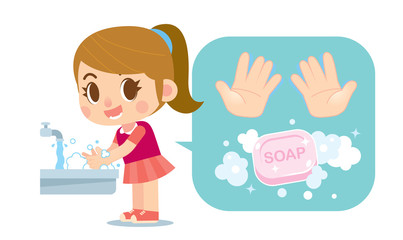 Vector cute girl washing hands with soap and hands icon