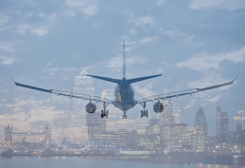 Multiple exposure - Commercial airplane and London city background.