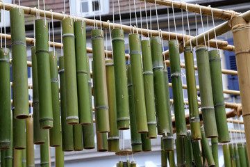 Green bamboo sticks. Green Bamboo tubes hang around the house.