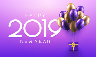 Happy New Year 2019 greeting card with gift and color balloons.