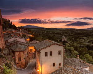 The town of Montepulciano and the surrounding area in the evening at sunset, Tuscany, Italy