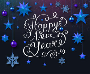 Happy New Year greeting card with blue stars, Christmas balls and snowflakes.