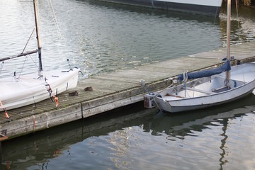 dock with boats and ducks