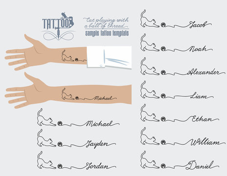 Татуировка на руке, кошка играет клубком ниток, мужское имя, Michael, Jayden, Jordan, Jacob, Noah, Alexander, Liam, Ethan, William, Daniel, иллюстрация, вектор