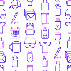 Promotional products seamless pattern with thin line icons: notebook, tote bag, sunglasses, t-shirt, water bottle, pen, backpack, cup, hat, travel mug, usb, lighter, calendar. Vector illustration.
