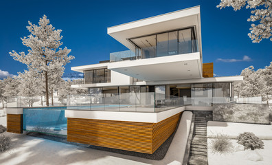 Fototapeta premium 3d rendering of modern cozy house by the river with garage. Cool winter day with shiny white snow. For sale or rent with beautiful mountains on background