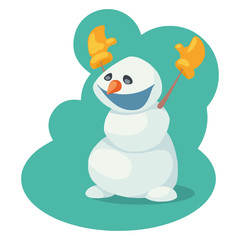 Cartoon cheerful snowman in yellow mittens. vector illustration