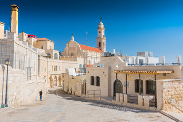 View on the old street and Greek Byzantine Catholic Church in Bethlehem. Palestinian territories....