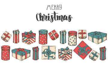 Vector greeting background with Hand drawn Set of gifts, packages and hand made quote "Merry Christmas". Lettering. Sketch. Merry Christmas and happy New Year.