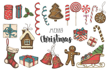 Christmas multicolored hand drawn objects Set. Gingerbread,lollipops,gifts,bells, serpentine,Santa's sleigh, sock isolated on white. Sketch. Hand drawn lettering. Merry Christmas and Happy New Year.