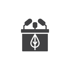 Ecology Conference Tribune vector icon. filled flat sign for mobile concept and web design. Podium with microphone simple solid icon. Symbol, logo illustration. Pixel perfect vector graphics