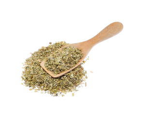 dried oregano spice in the wooden spoon isolated on white background