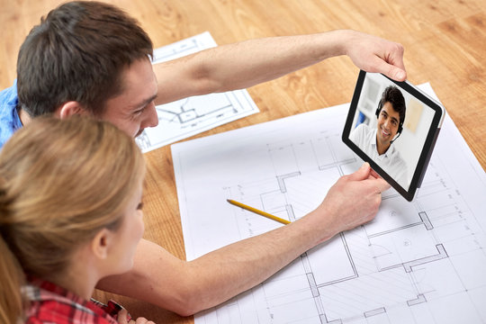 repair, building and technology concept - close up of couple with blueprint having video call with architect, designer or customer service operator on tablet pc computer at home - Powered by Adobe
