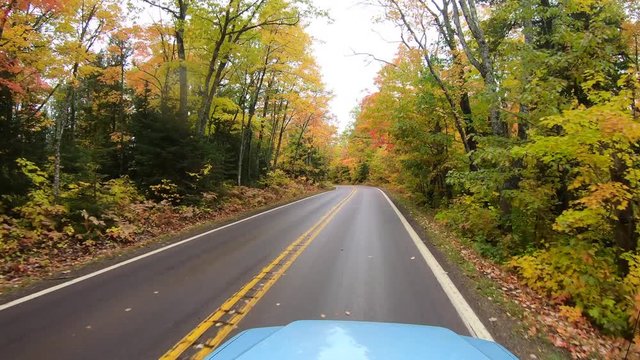 scenic fall colors drive along winding road in Copper Harbor Michigan