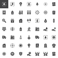 Ecology vector icons set, modern solid symbol collection filled style pictogram pack. Signs logo illustration. Set includes icons as Green leaf, Eco Plug, Light bulb, Solar panel, Battery, Environment