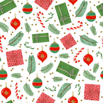 cute gouache seamless pattern for holiday decor, fabric, packaging. christmas decoration, balls, gift boxes, candies and pine branches on a white backdrop.
