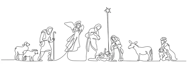 Kontinuierliche einzeilige Zeichnung. Bibel-Frohe Weihnachtsszene der heiligen Familie. Vektor-Illustration © Valenty