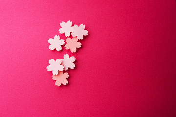Cherry blossom background image. Cherry blossom pastel pink abstract background. Sakura or cherry flower shaped paper cutouts on soft pink background. Shallow depth of field.