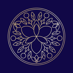 Minimalism golden linear flower vector logo art on blue background