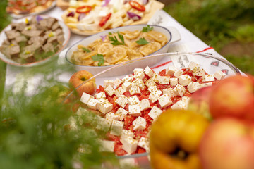 Table with traditional food from Romania and Moldova with cheese, apples and fresh tomatoes