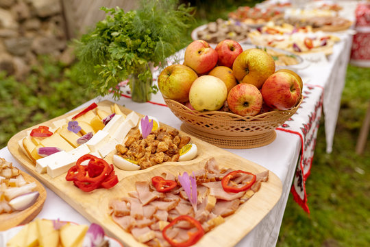 Table with traditional food from Romania and Moldova at a brunch