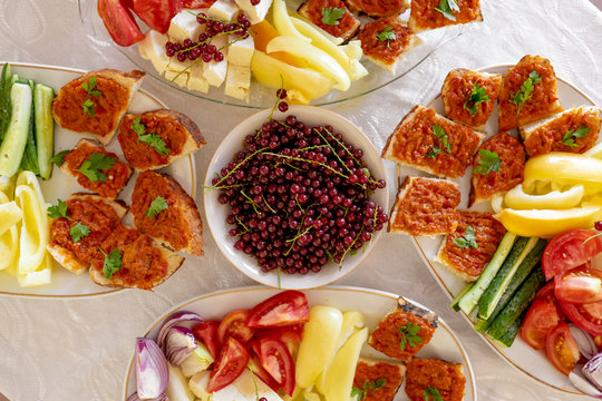 Traditional Romanian Food platter brunch with vegetables and cheese