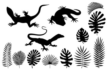 Silhouettes of lizards, gecko and tropical leaves