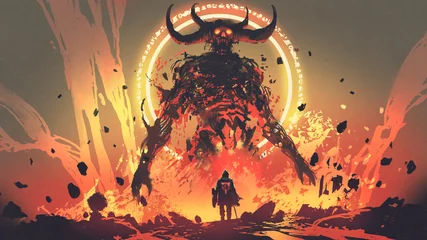Rolgordijnen ridder met een zwaard tegenover de lava-demon in de hel, digitale kunststijl, illustratie, schilderkunst © grandfailure