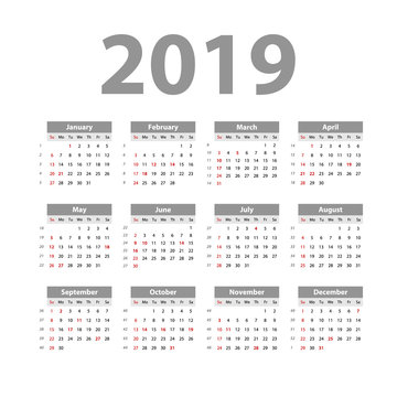Vector of 2019 new year calendar in clean minimal table simple style, Holiday event planner, Week Starts Sunday