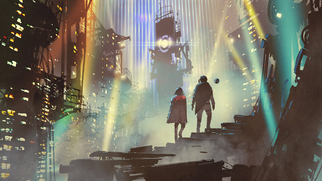couple in the futuristic city at night with buildings and light beams, digital art style, illustration painting