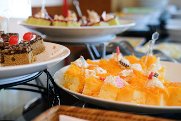 dessert buffet catering in restaurant hotel. eating dining in banquet